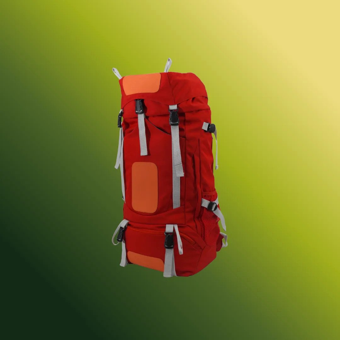 Ransel gunung berkapasitas besar dengan tali kompresi dan rangka punggung.