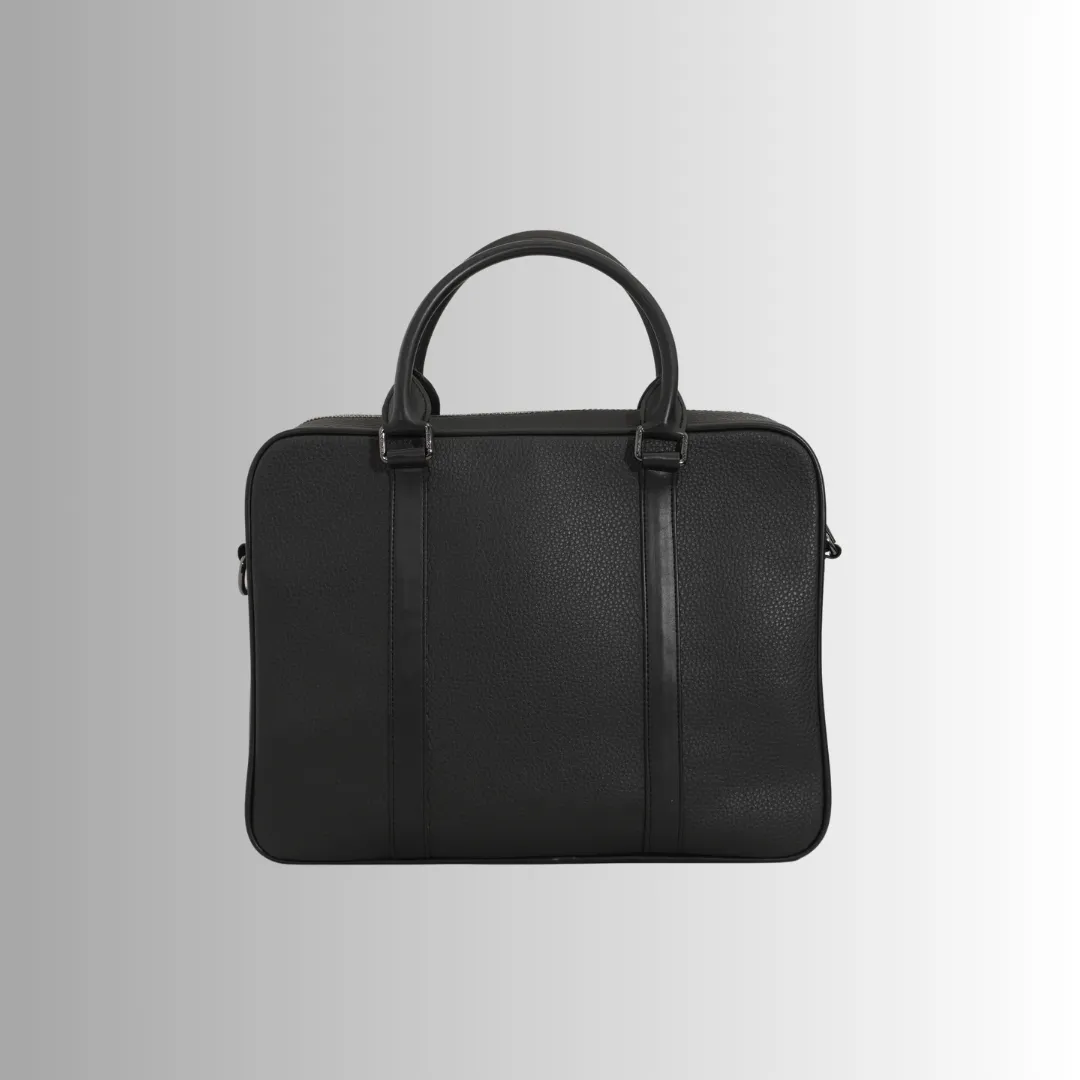 Tas kerja kulit sintetis untuk laptop dengan pegangan dan tali bahu.