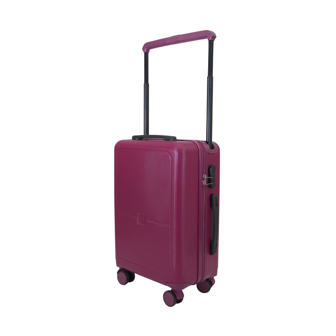 Koper kabin hard case warna magenta dengan gagang tarik yang sedang terentang.